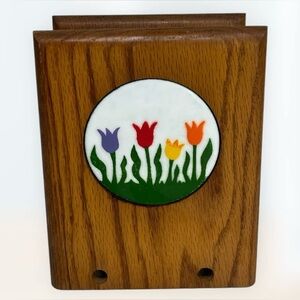 Wooden Napkin Holder With Ceramic Tulip 6.5" Tall x 5" long x 3.25" Wide